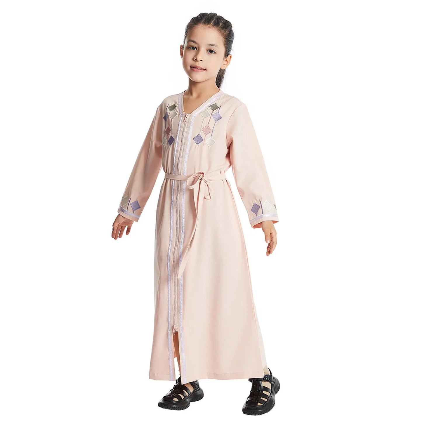 New Muslim Kids Girls Zipper Abaya Child Clothes Robe Dress