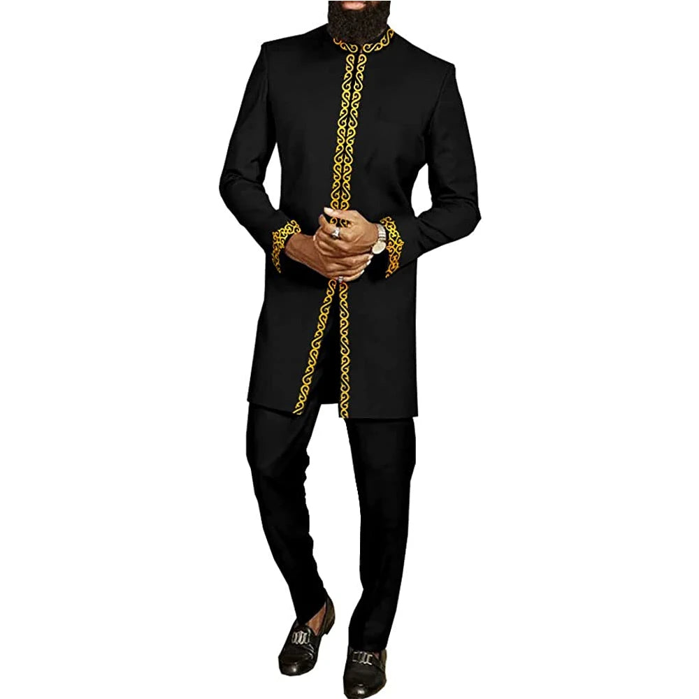 New Dashiki Men 2 Piece Sets Printed Black Business Casual Style Fashion Outfit Wedding Suit For Men
