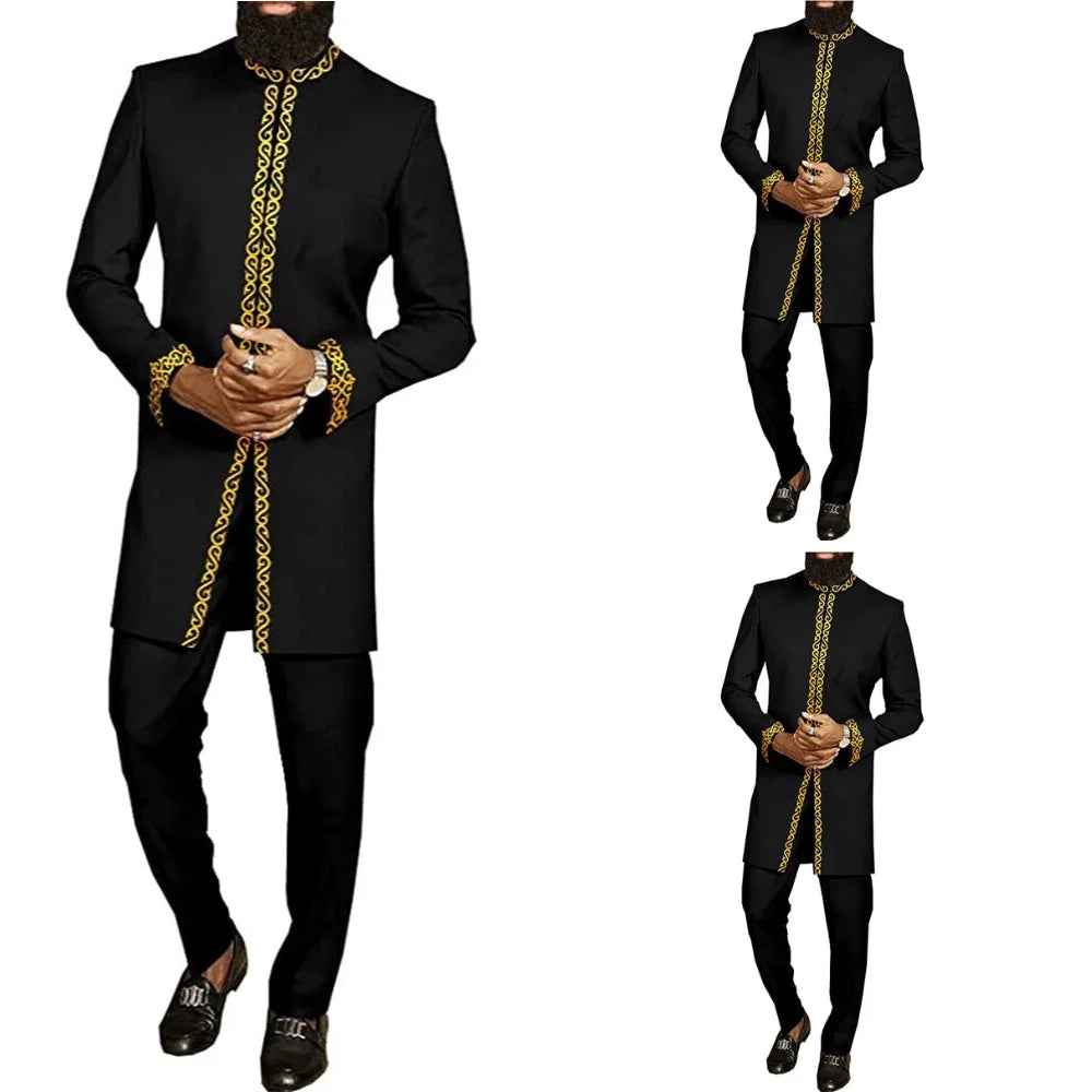 New Dashiki Men 2 Piece Sets Printed Black Business Casual Style Fashion Outfit Wedding Suit For Men