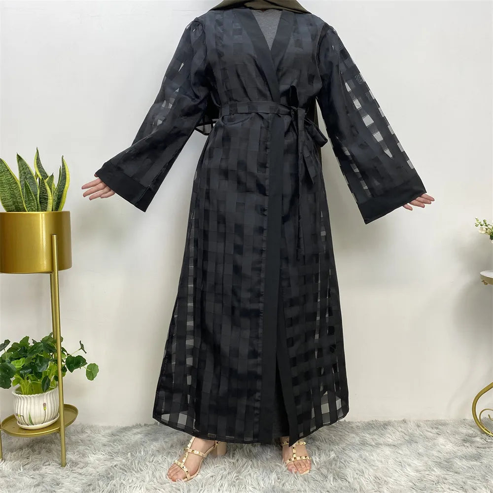 European and American Muslim Plaid Loose Long Sleeve Lace up Robe Female abaya
