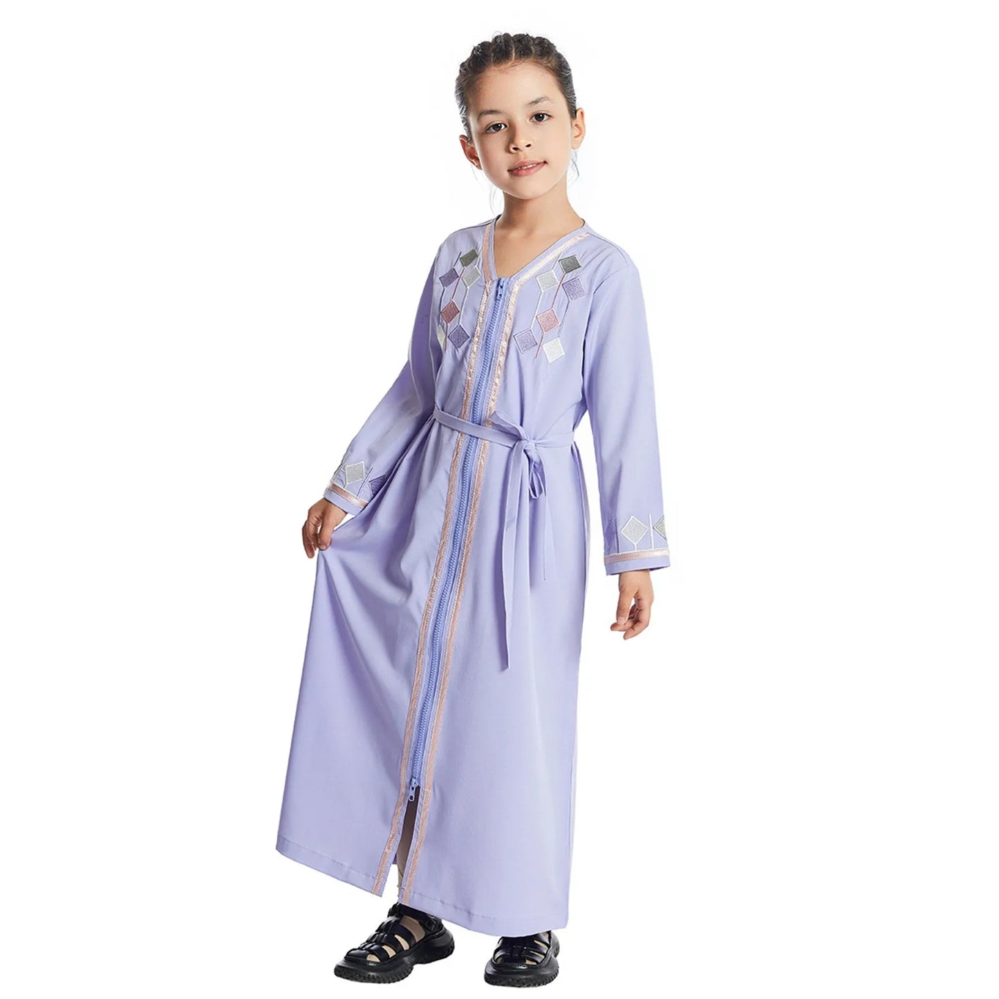 New Muslim Kids Girls Zipper Abaya Child Clothes Robe Dress