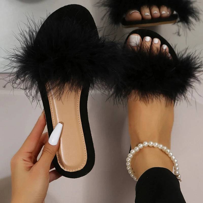 Ladies Summer Plush Decorative Open Toe Flat Bottom Casual Slippers Women's Shoes