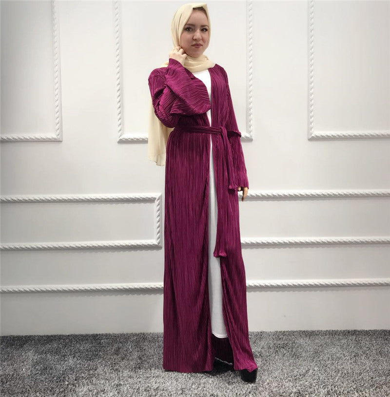 Women's summer pleated trumpet sleeve Muslim Dubai cardigan robes abaya