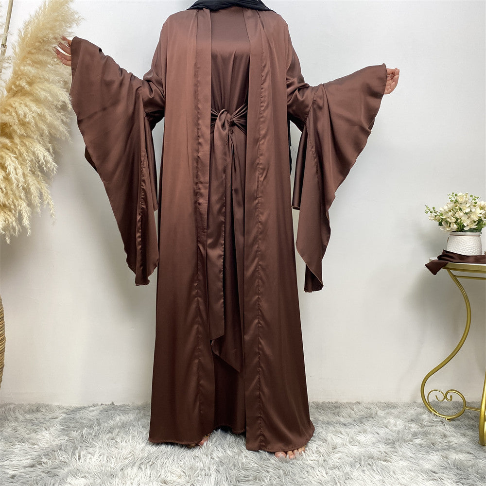 New Fashion Satin Long Sleeve Dress and abaya Jacket Set