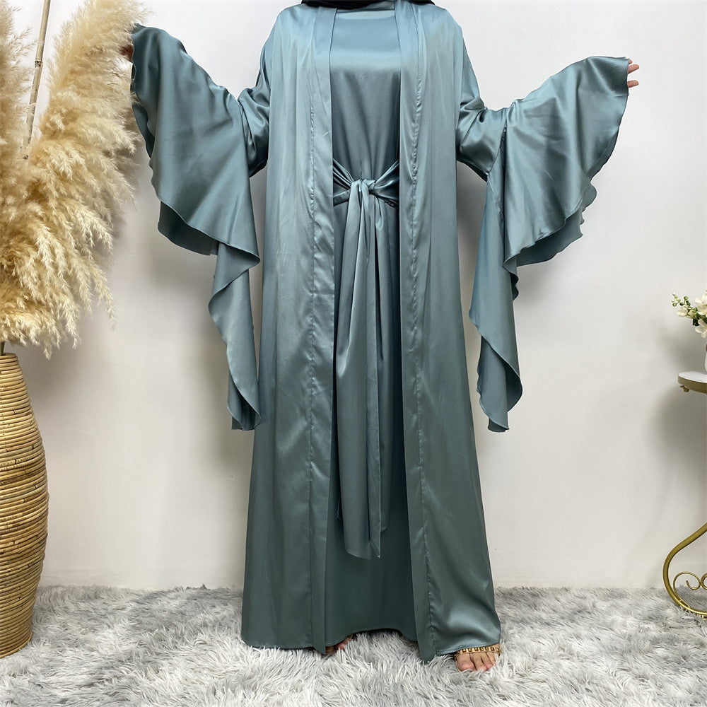 New Fashion Satin Long Sleeve Dress and abaya Jacket Set