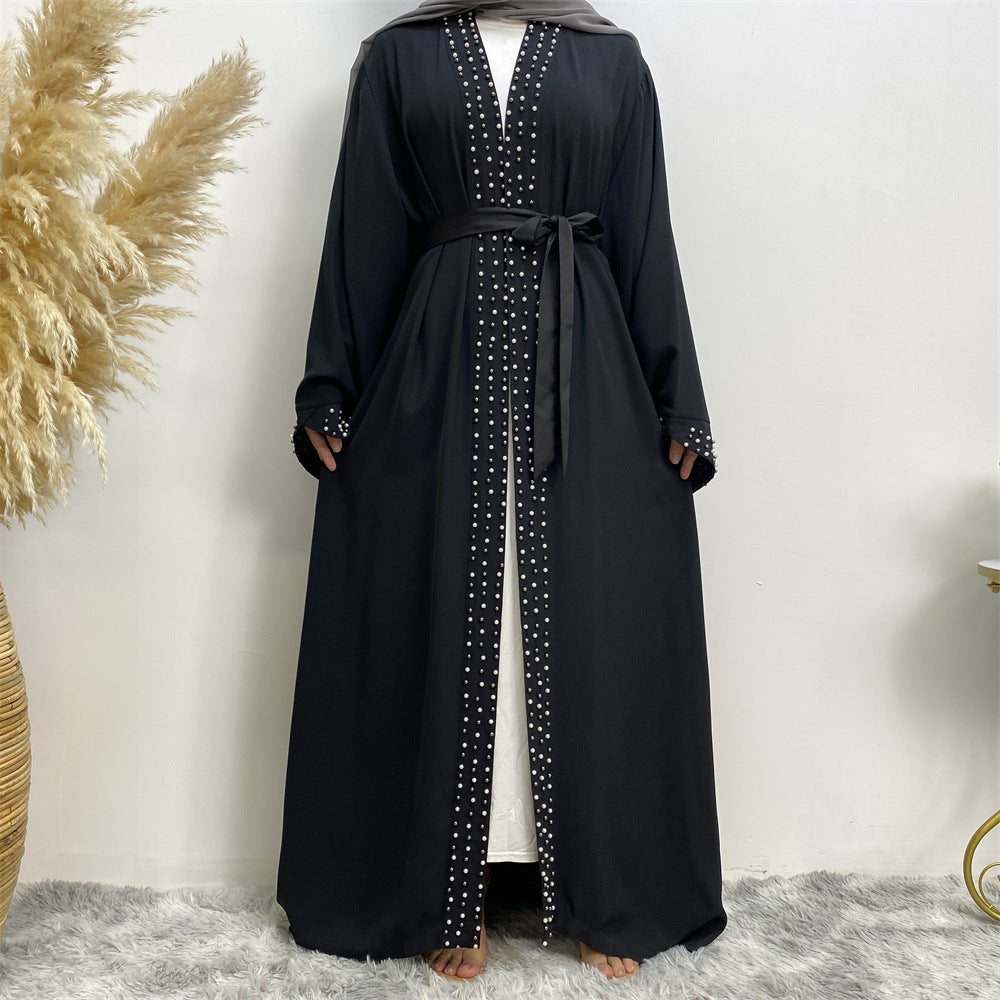 Arab Turkish Middle Eastern Solid Color Beaded Muslim Lace Cardigan Robe Abaya