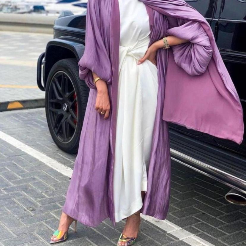 Muslim Women's Satin Bubble Sleeve Abaya Dress Middle East Dubai Cardigan Robe