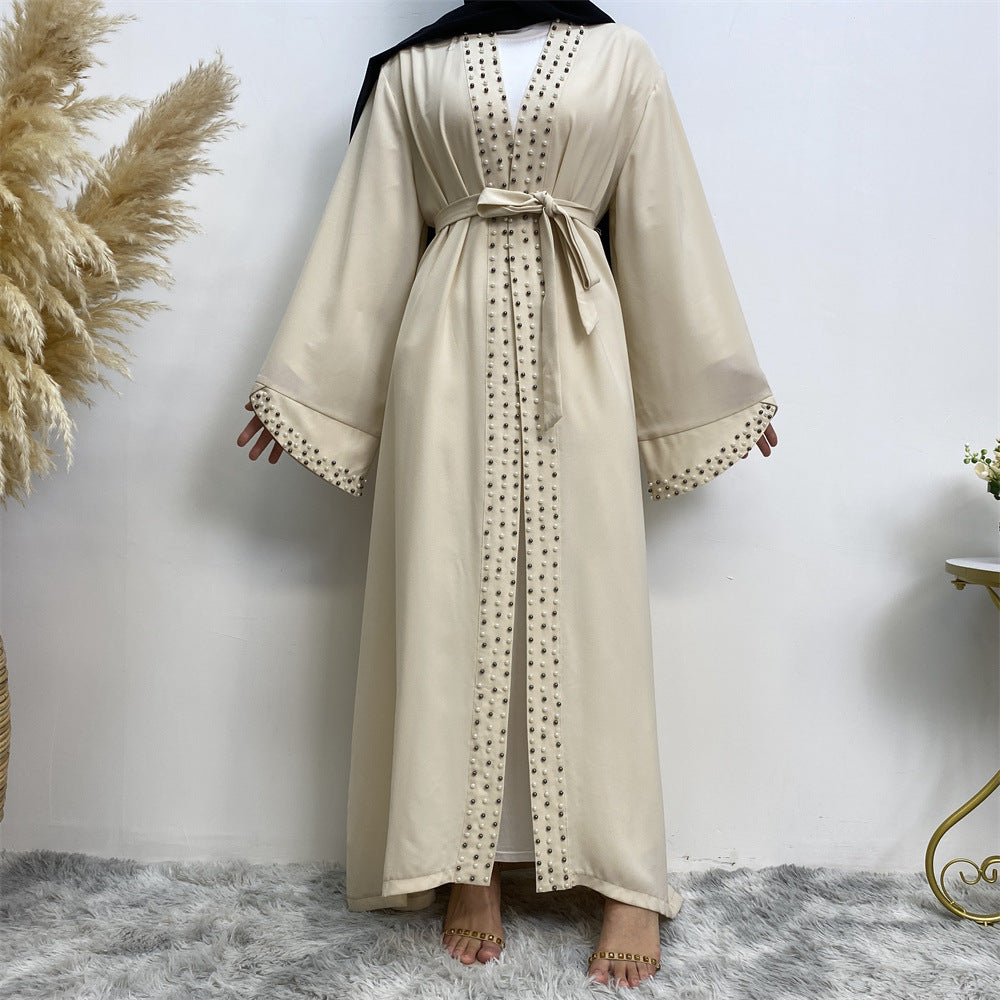 Arab Turkish Middle Eastern Solid Color Beaded Muslim Lace Cardigan Robe Abaya