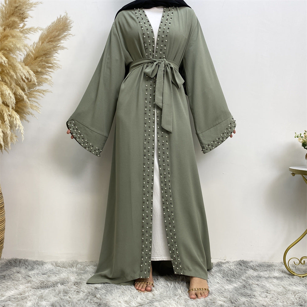 Arab Turkish Middle Eastern Solid Color Beaded Muslim Lace Cardigan Robe Abaya