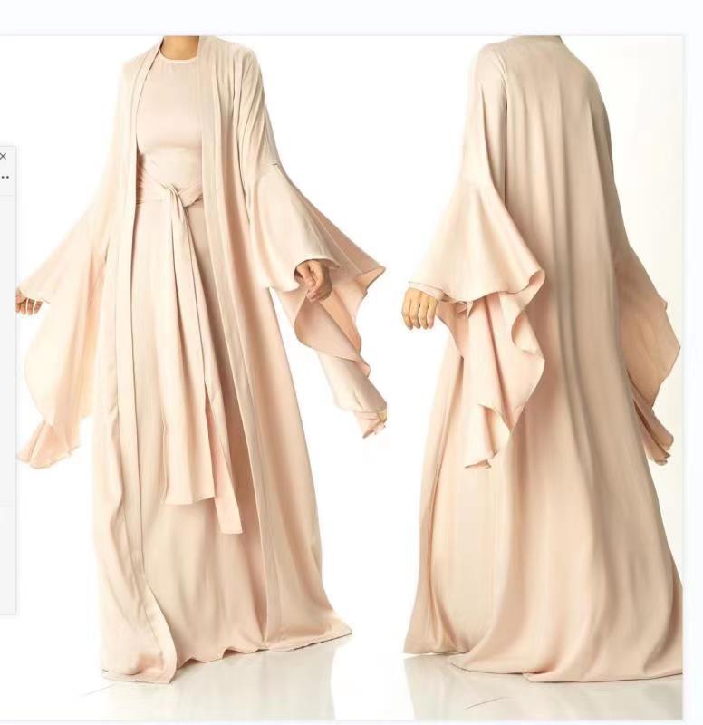 New Fashion Satin Long Sleeve Dress and abaya Jacket Set