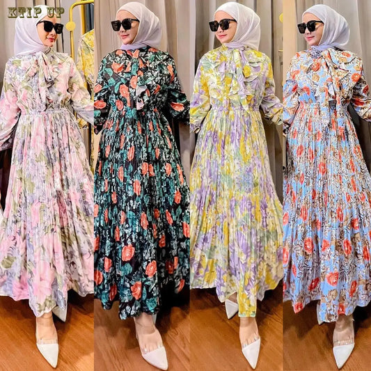 Muslim Fashion Middle Eastern Women's Summer New Print Dress Southeast Asia Malaysia Indonesia Ruffled Skirt Maxi