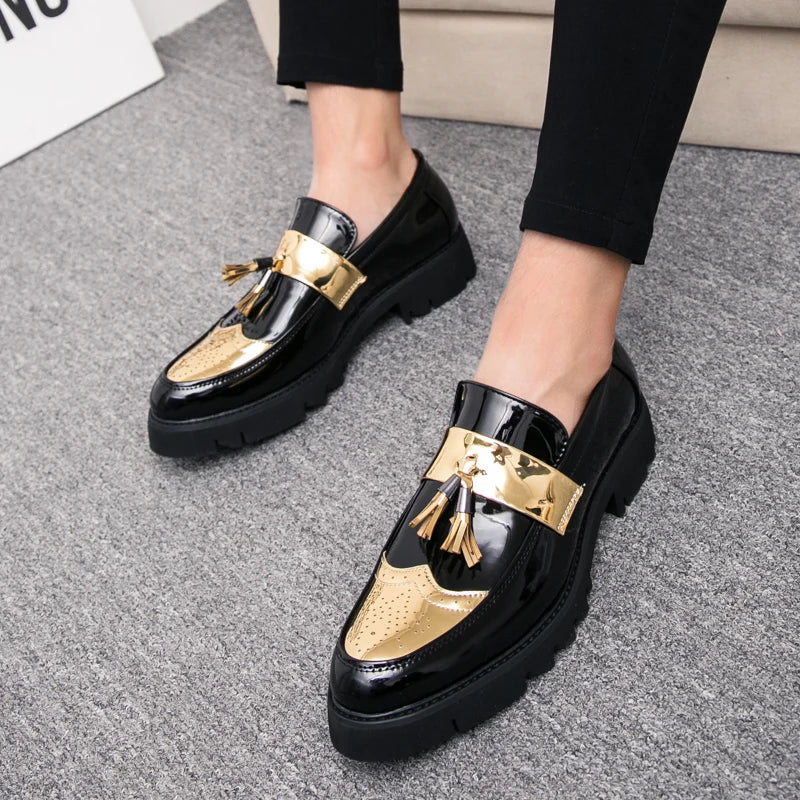 Gold/black Men's Casual Slip-On Tassel Loafers Thick Bottom Elevator Shoes