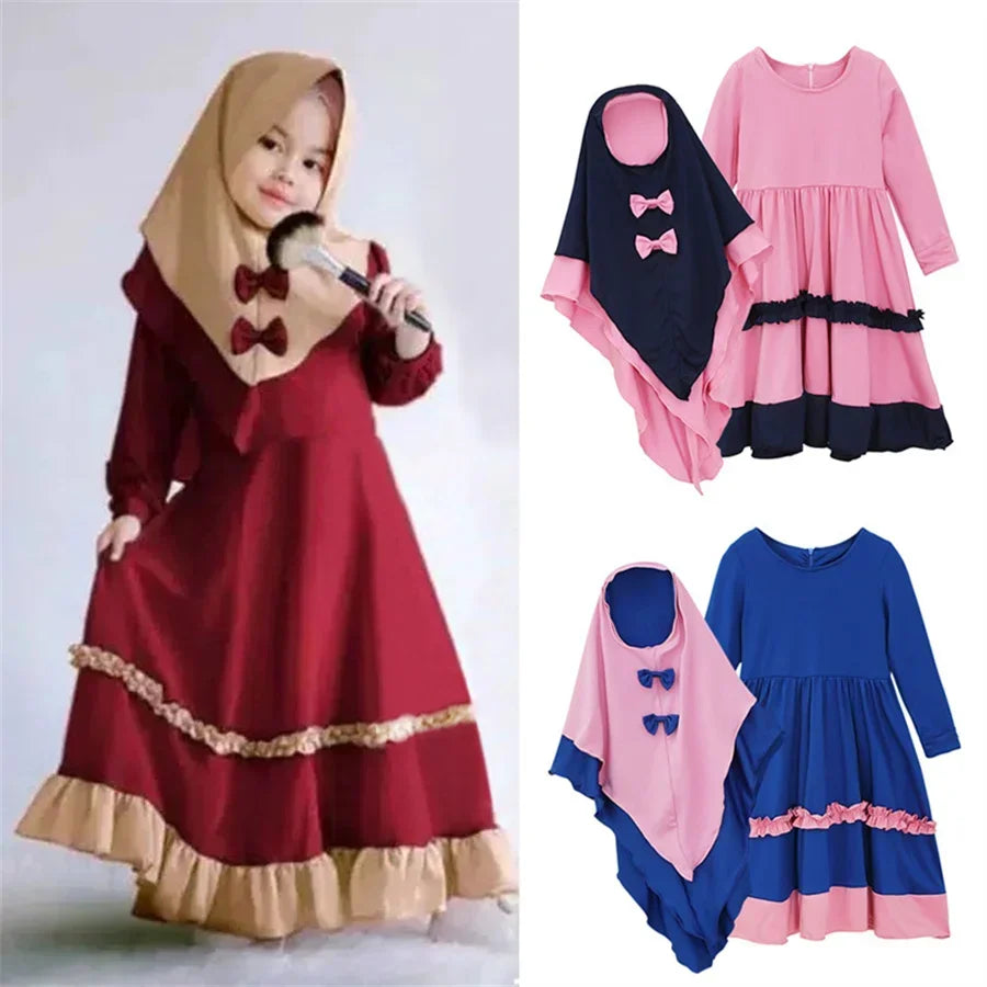 Kids Hijab Maxi Dress Set Children Islam Clothing Eid Robe Gowns