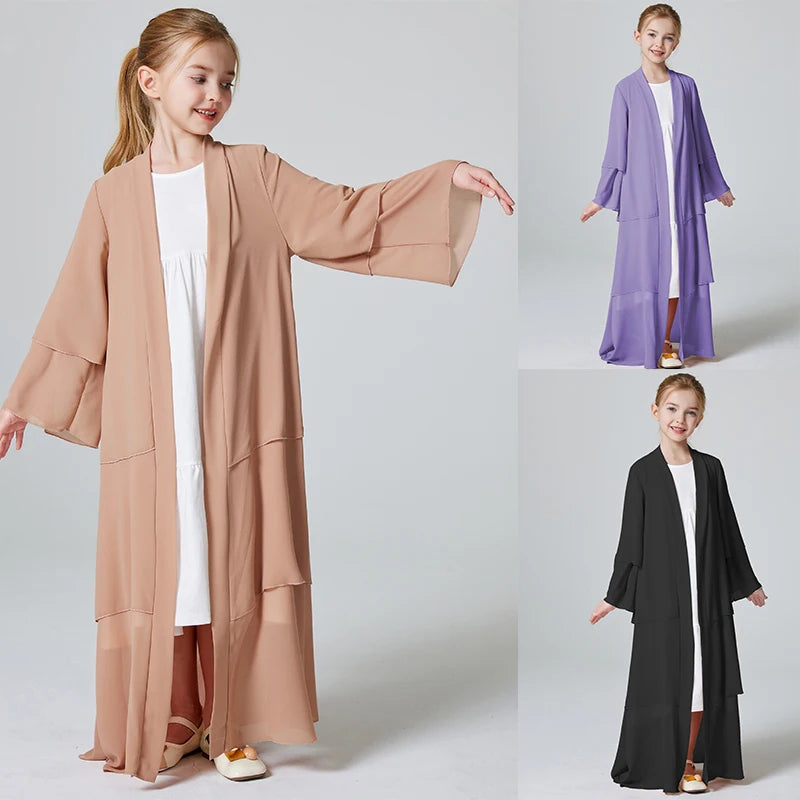 Girls 3 Layered Chiffon Kids Abaya Dress Open Front Abaya Kebaya Outerwear