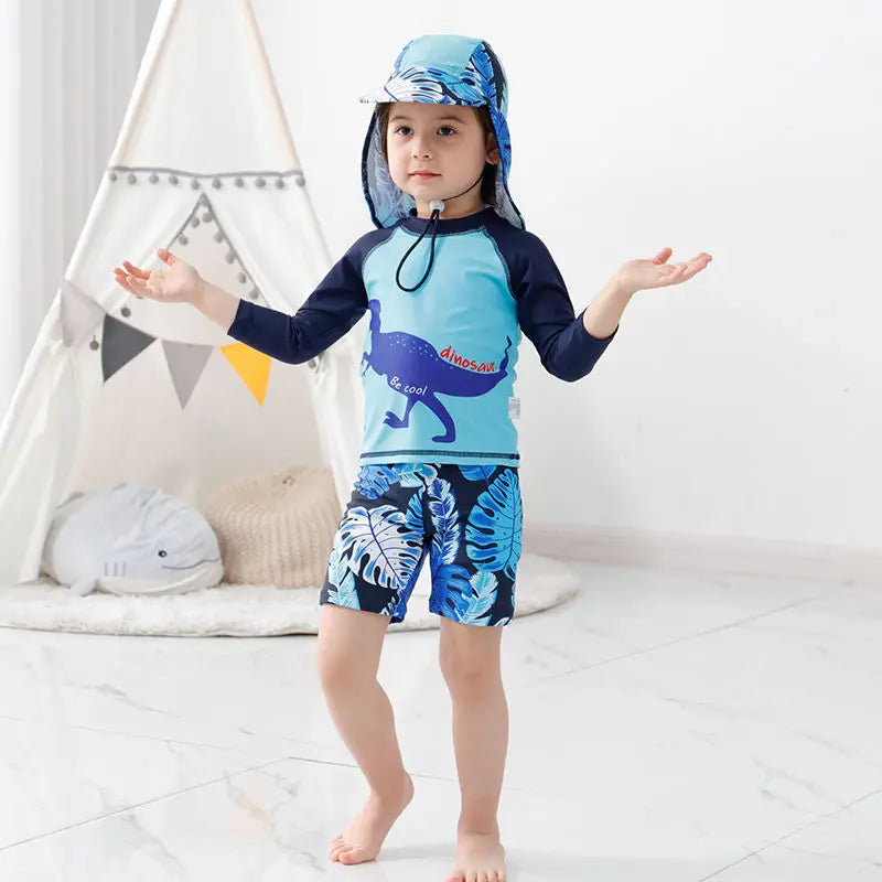 3PCS Boys Split Swimsuit Sunscreen Prevention UPF 50+ Quick Dry Dinosaur Print Trunk Long Sleeve Rashguard Swimwear Sun Hat Set