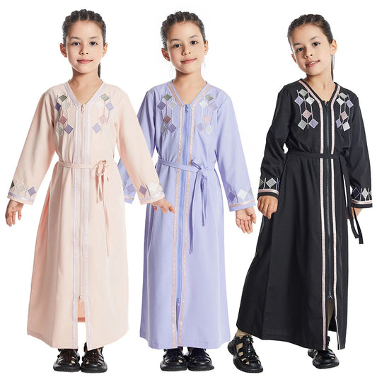 New Muslim Kids Girls Zipper Abaya Child Clothes Robe  Dress