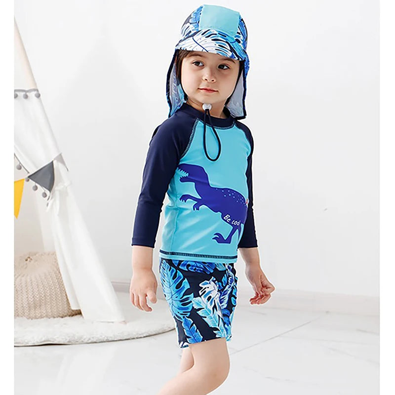 3PCS Boys Split Swimsuit Sunscreen Prevention UPF 50+ Quick Dry Dinosaur Print Trunk Long Sleeve Rashguard Swimwear Sun Hat Set