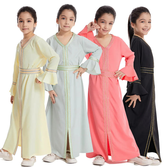 Kids Abaya Dubai Kaftan Muslim Long Dress Flare Sleeve Dresses Girls Casual Robe