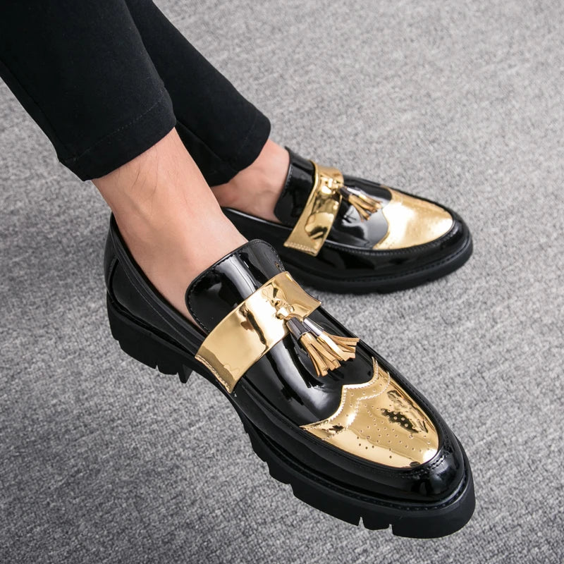 Gold/black Men's Casual Slip-On Tassel Loafers Thick Bottom Elevator Shoes