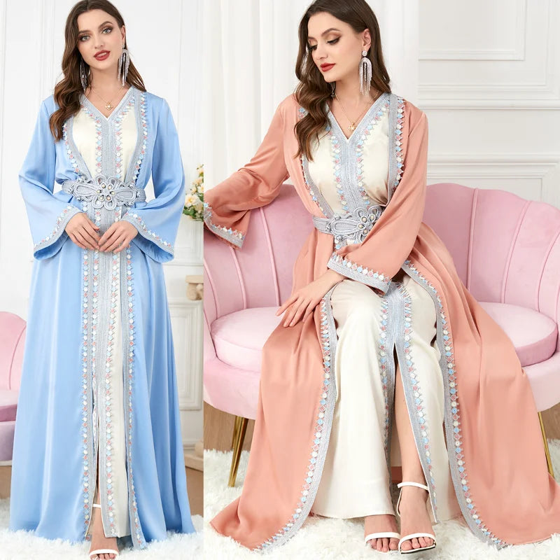 Ramadan Abaya Moroccan Kaftan for Women Belted 2 Piece Party Long Dresses Gulf