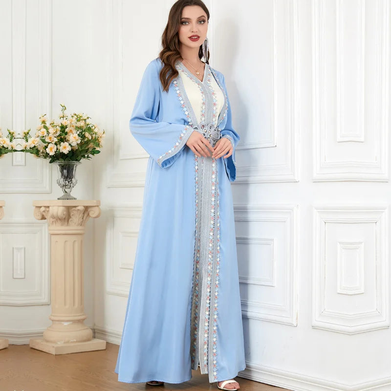 Ramadan Abaya Moroccan Kaftan for Women Belted 2 Piece Party Long Dresses Gulf