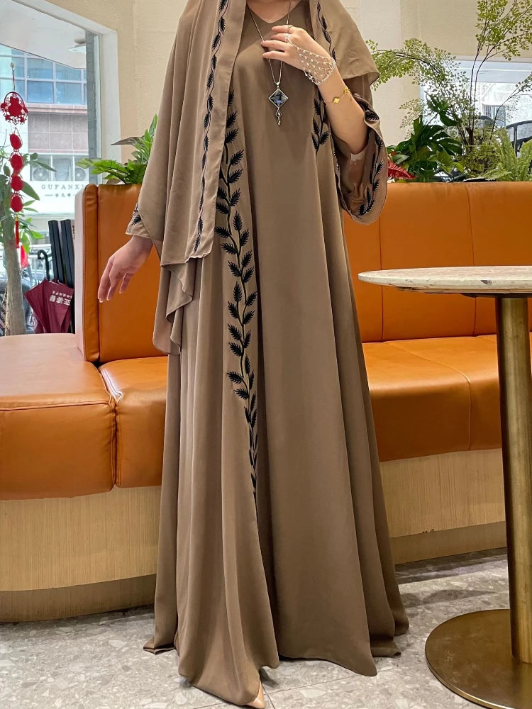 Women Embroidery Dress with Scarf 2 Piece Set Long Robe and Headscarf