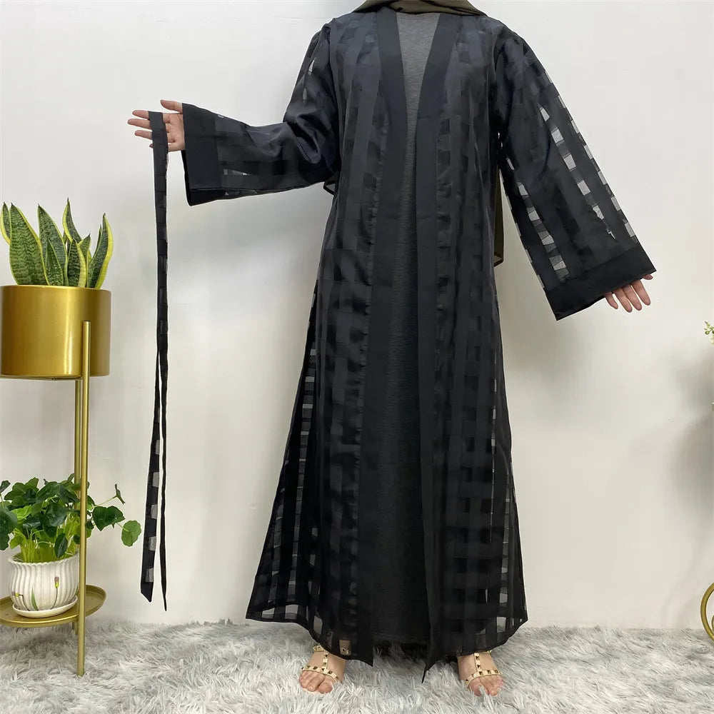 European and American Muslim Plaid Loose Long Sleeve Lace up Robe Female  abaya