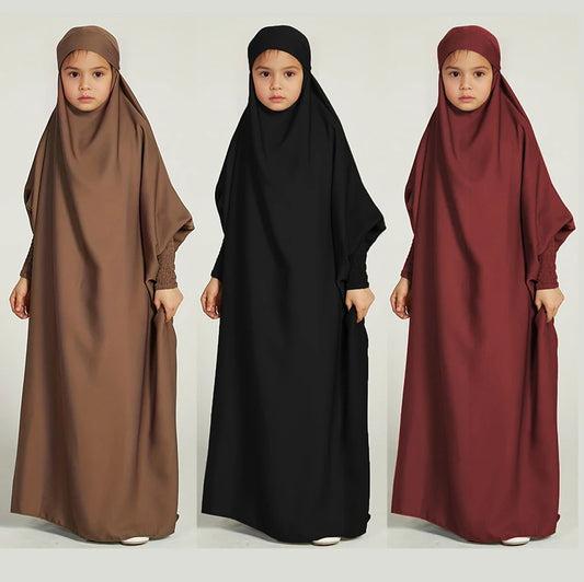 kids Girls prayer jilbab Solid Long Kaftan Robe Dress Kids