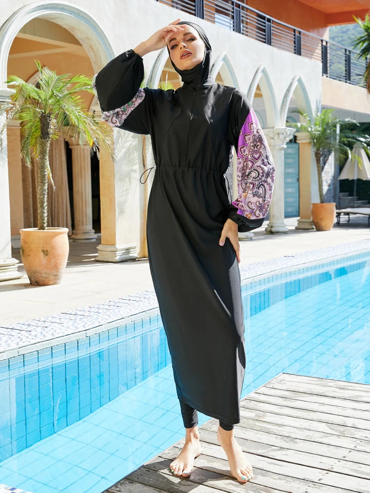 Burkini Muslim Long Sleeve Swimsuit Islamic Swimming Robes  With Hijab