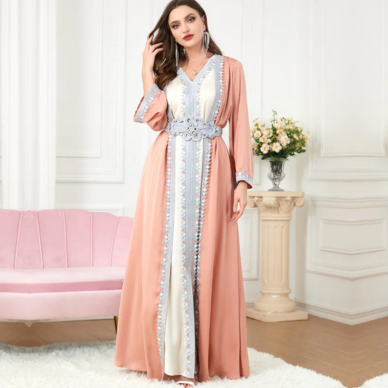 Ramadan Abaya Moroccan Kaftan for Women Belted 2 Piece Party Long Dresses Gulf