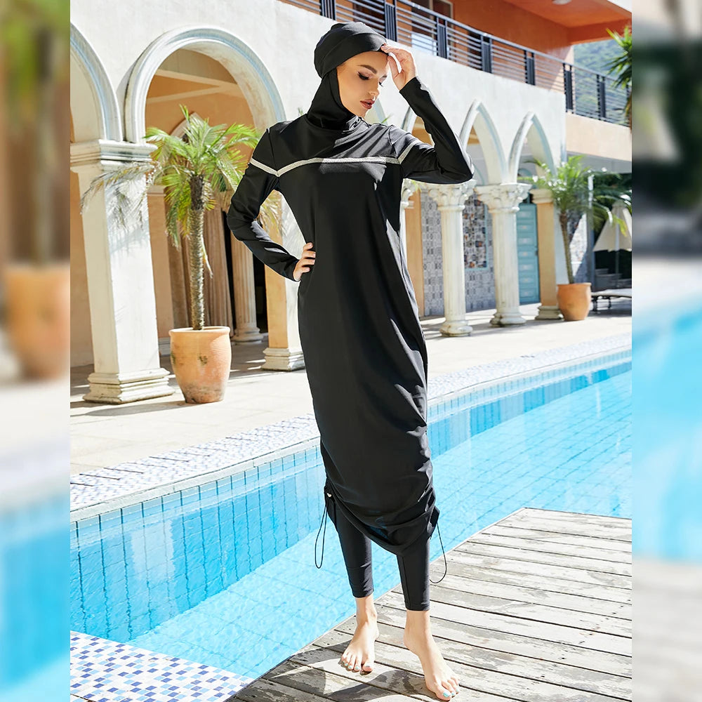 Muslim Swimwear 3 Piece Set Modest Long Robe Swimming Suit Full Cover Burkini Hijab