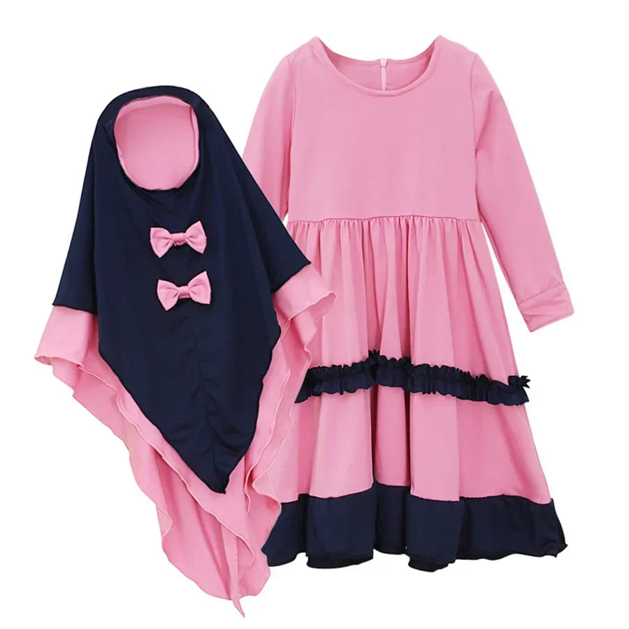 Kids Hijab Maxi Dress Set Children Islam Clothing Eid Robe Gowns