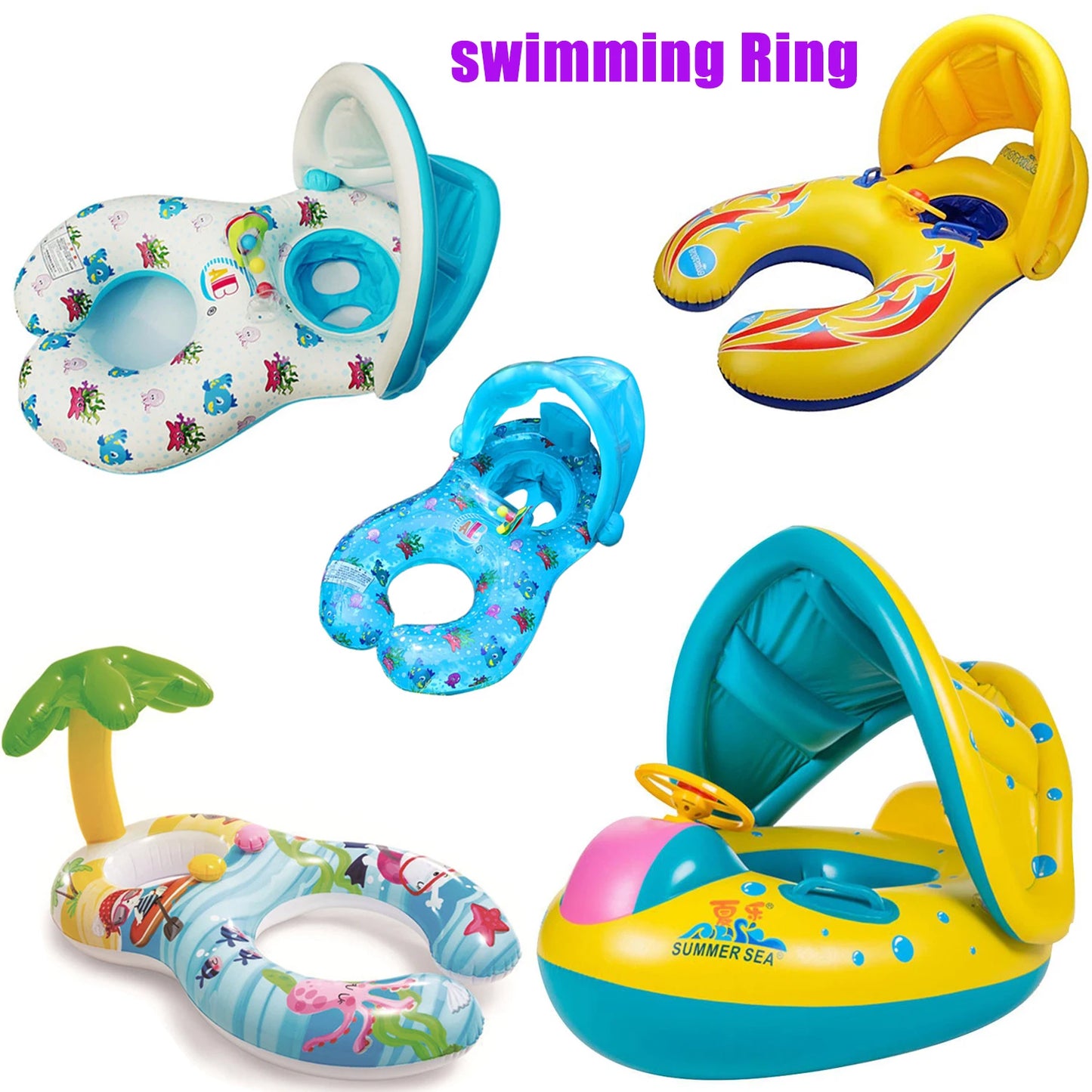 Baby Swimming Pool Float Infant Inflatable Floating Ring Sunshade Baby And Mother Swim Trainer Toy Kids 1-3y