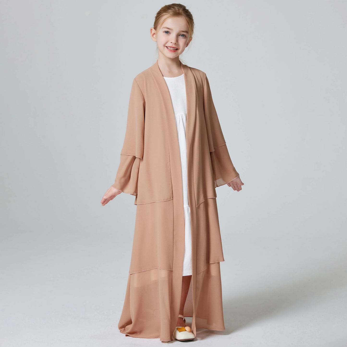 Girls 3 Layered Chiffon Kids Abaya Dress Open Front Abaya Kebaya Outerwear