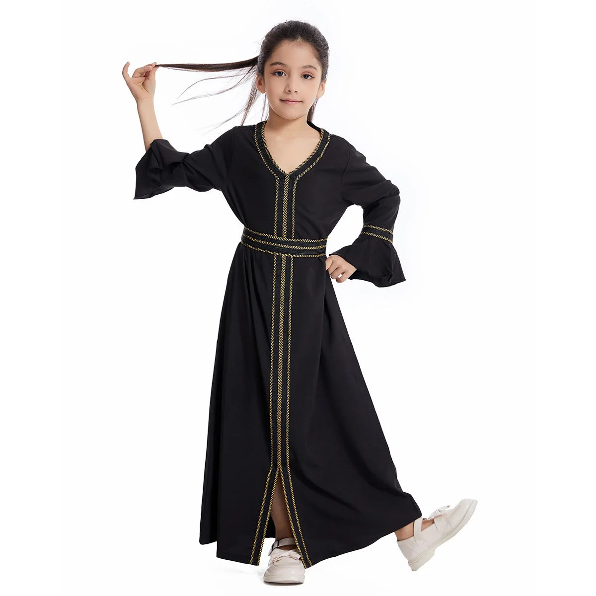 Kids Abaya Dubai Kaftan Muslim Long Dress Flare Sleeve Dresses Girls Casual Robe