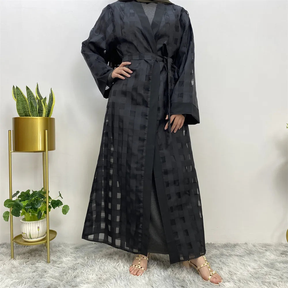 European and American Muslim Plaid Loose Long Sleeve Lace up Robe Female  abaya