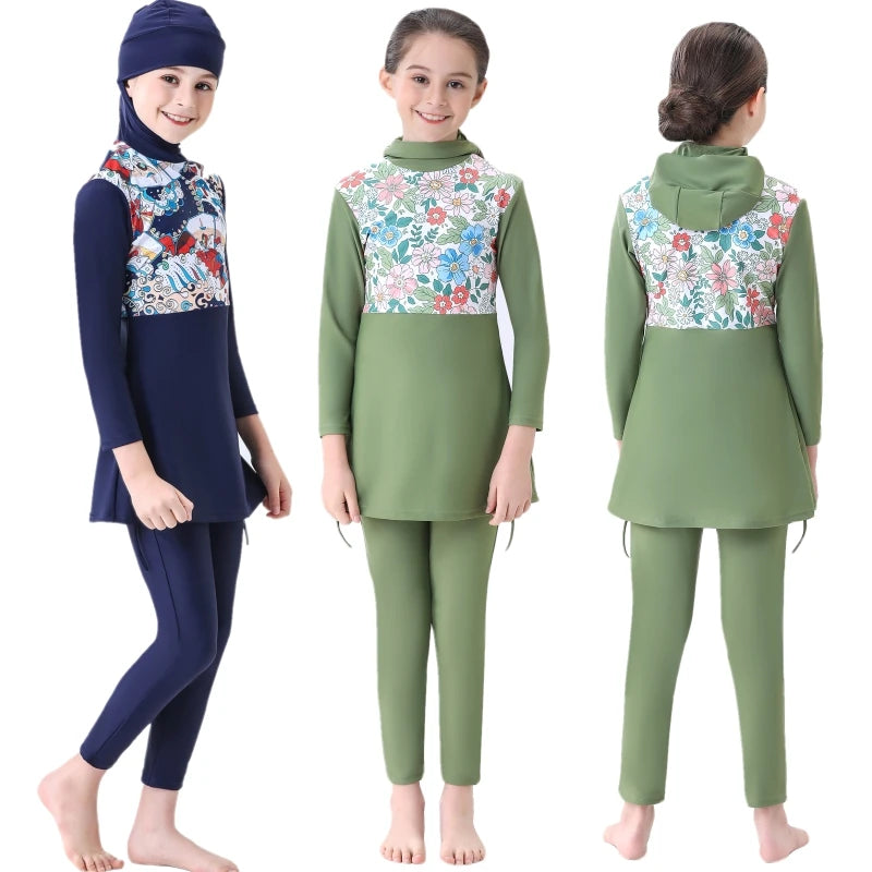 Two Pieces Modest Muslim Burkinis Sets Children Girls Hooded Hijab Kids Swimwear