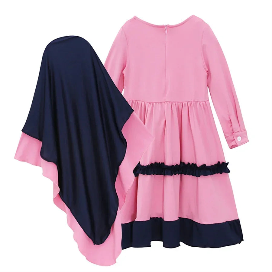 Kids Hijab Maxi Dress Set Children Islam Clothing Eid Robe Gowns