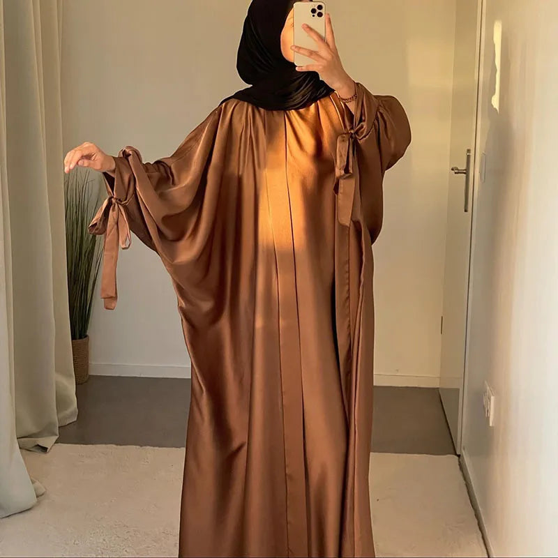 2 Piece Butterfly Satin Abaya Set Tie Cuff