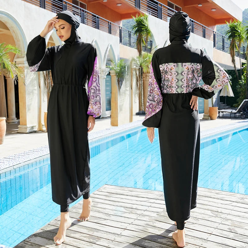 Burkini Muslim Long Sleeve Swimsuit Islamic Swimming Robes  With Hijab