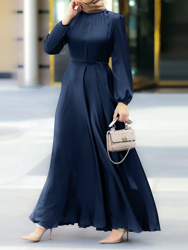 Women's Muslim Party Solid Satin Maxi Dress 2023 Spring Chic Elegant Puff Sleeve Robe Casual Holiday Swing Kaftan OL Dubai Abaya