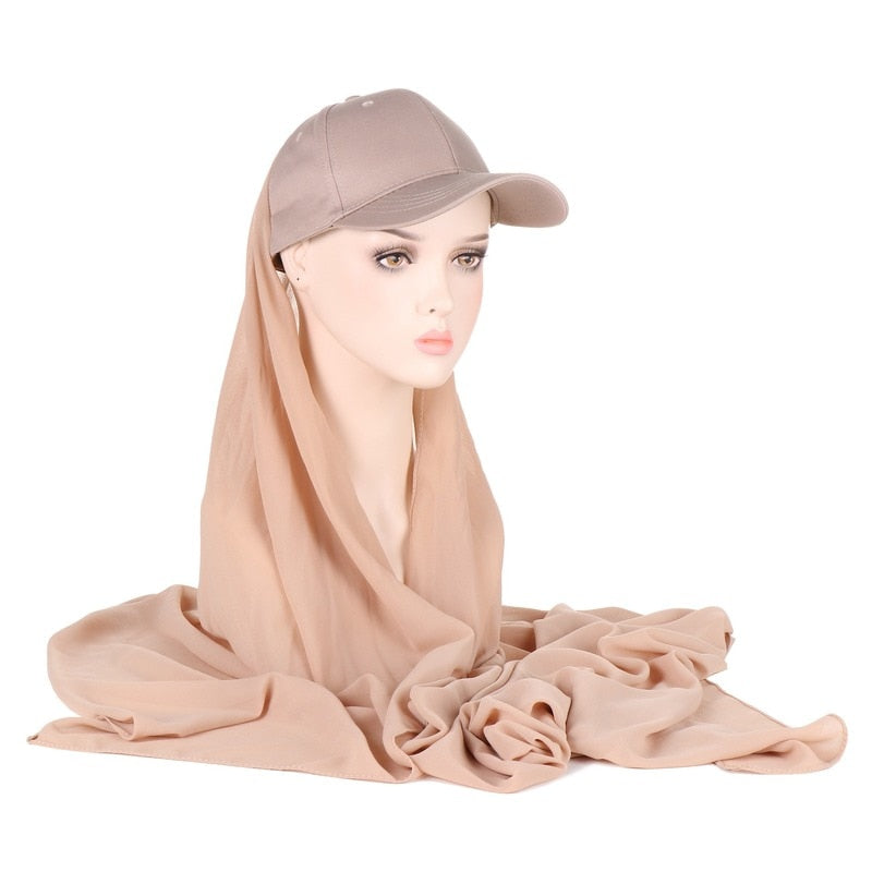 Women Hijabs Muslim Sports Style Solid Color Pearl Scarf And Cotton Baseball Cap