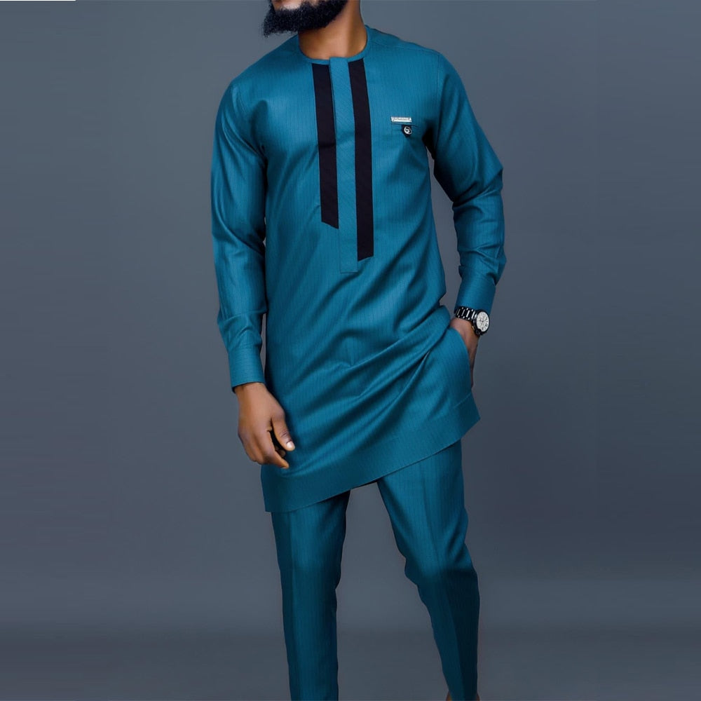 Men's New Long Sleeves Outfit Solid Color Modern Dashiki Shirt & Pants