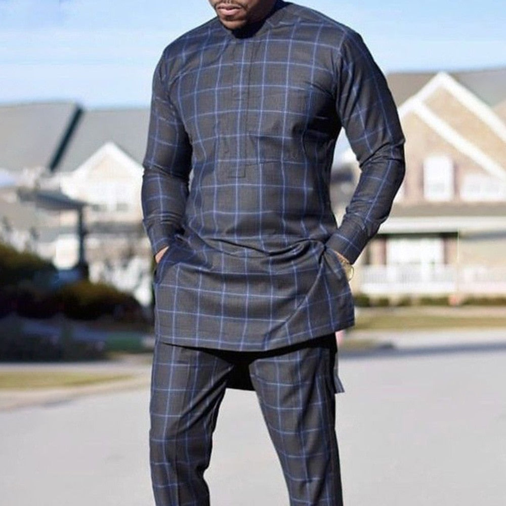 Dashiki Style Clothing For Man Plaid Shirts And Pants 2 Piece (M-4XL)