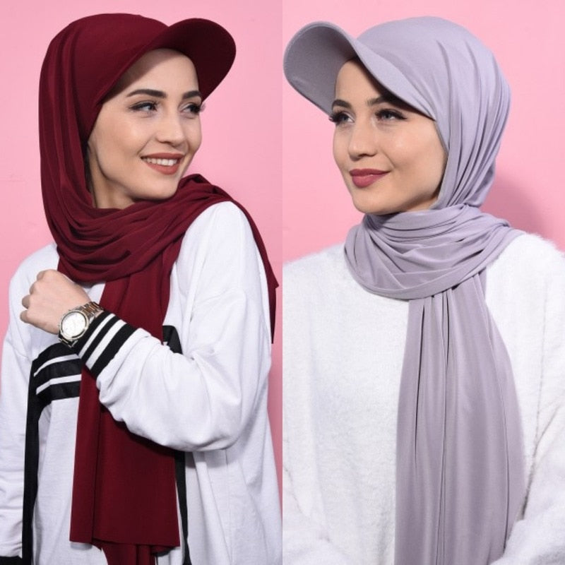 Women Hijabs Muslim Sports Style Solid Color Pearl Scarf And Cotton Baseball Cap